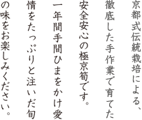 京都式伝統栽培による、徹底して手仕事で育てた安全安心の極京筍です。一年間手間ひまをかけ愛情をたっぷりと注いだ旬の味をお楽しみください。